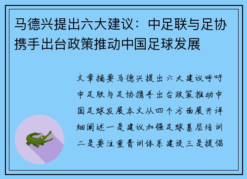 马德兴提出六大建议：中足联与足协携手出台政策推动中国足球发展